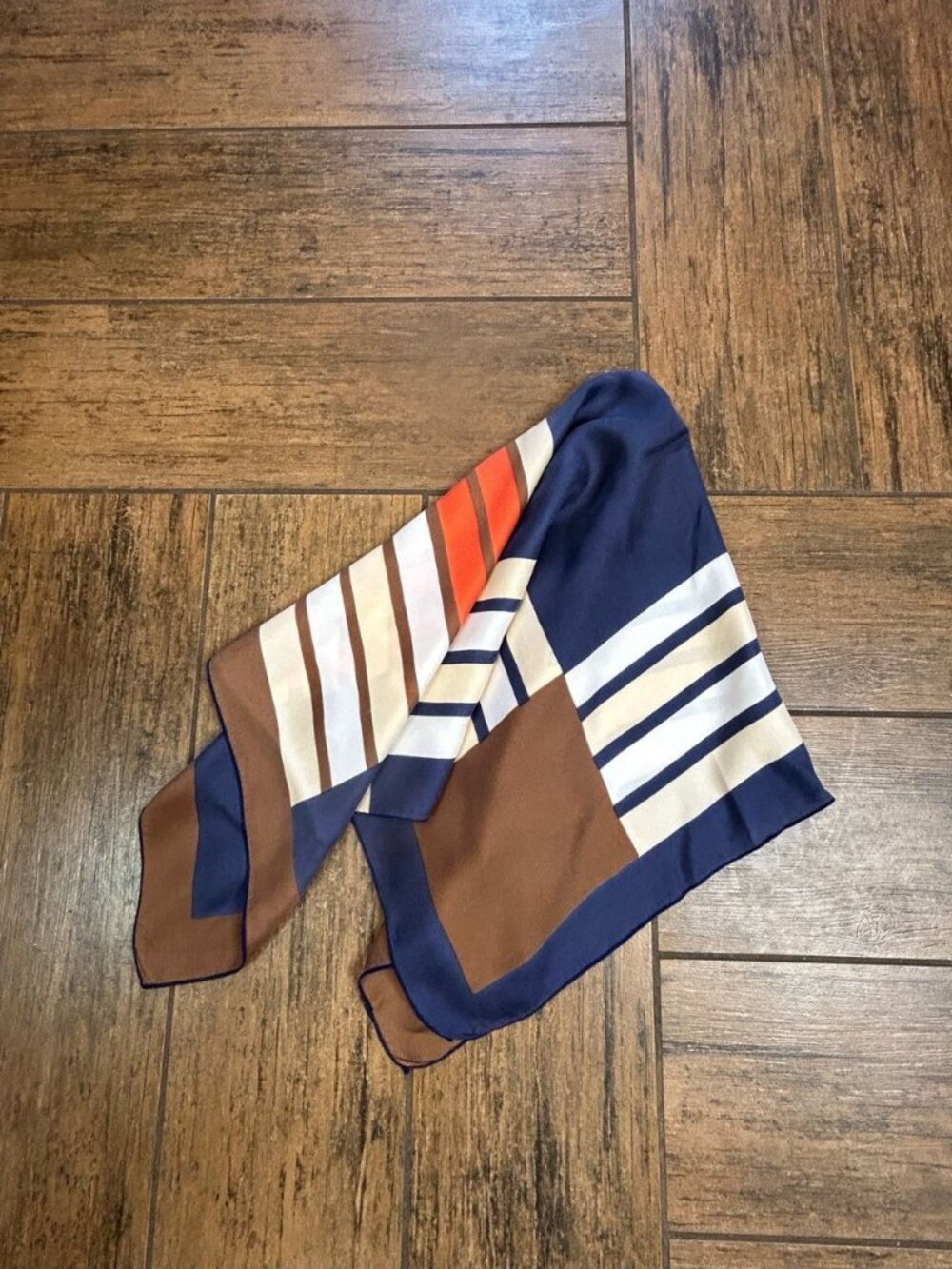Vintage 70s 80s Geometric 24" Square 100% Silk Scarf Blue Brown Orange - Picture 5 of 9